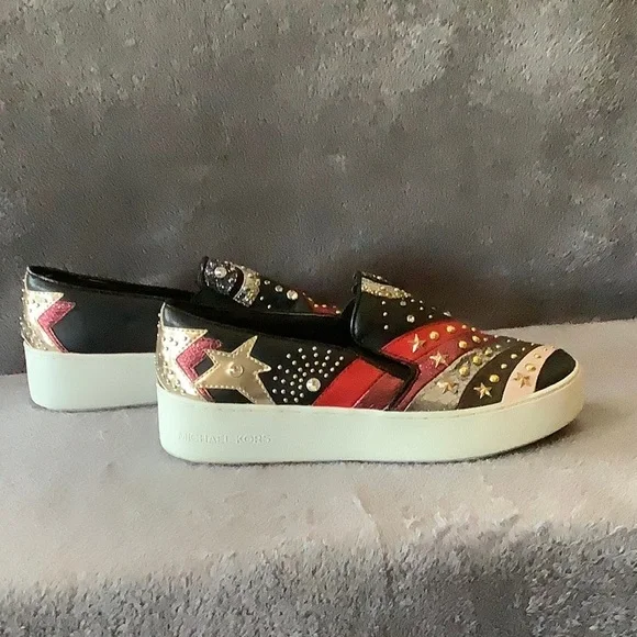 MICHAEL Michael Kors Black, Red & Gold Star-Accent Slip-On Sneakers - Picture 7 of 11